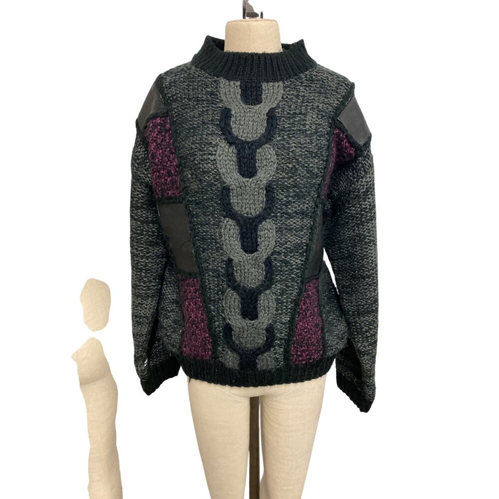 Vintage Street Scenes Chunky Knit Sweater L Black Purple Wool Blend